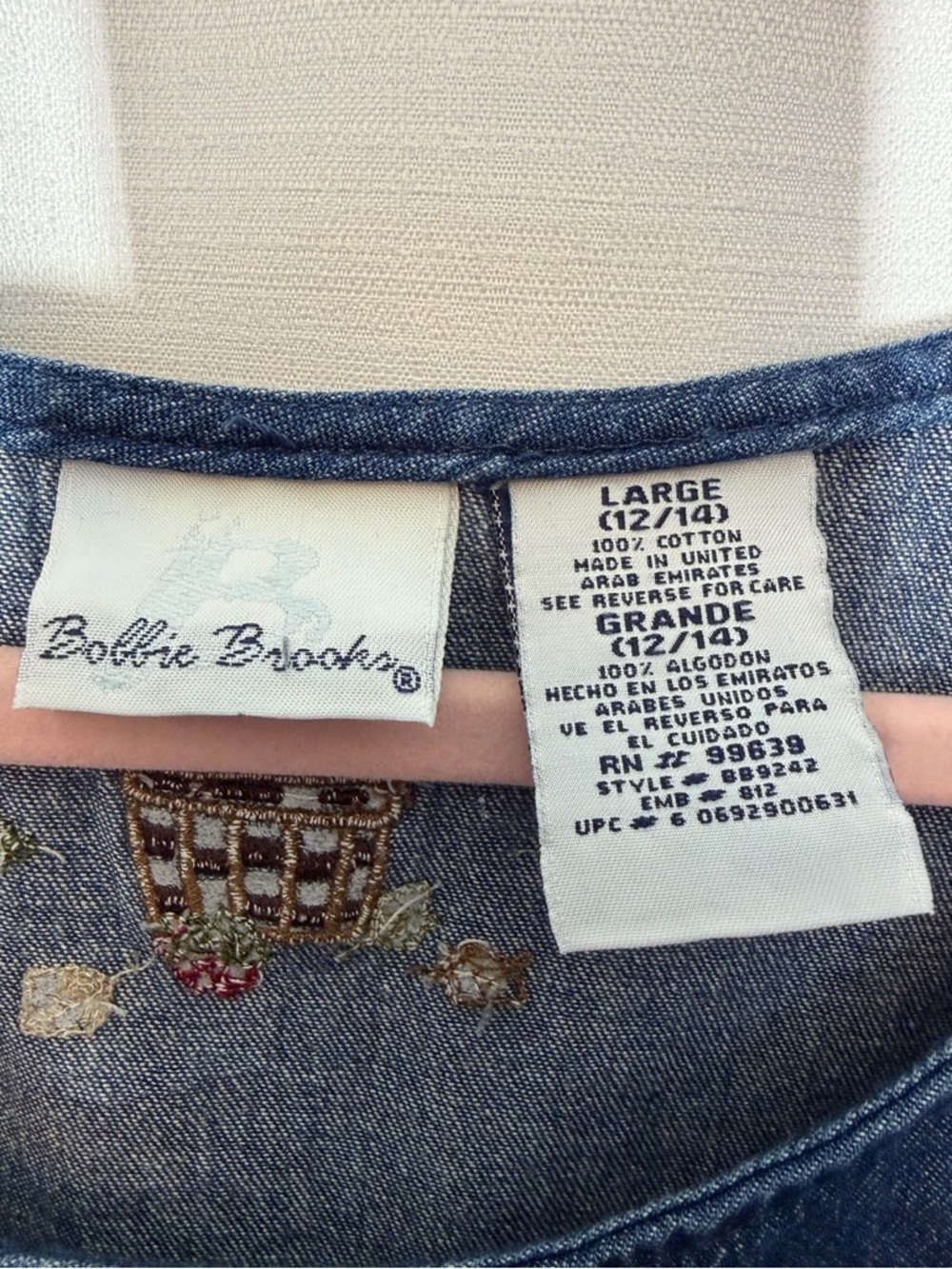 Bobbie Brooks Denim Jumper Dress Embroidered Fall Leaves L Cottagecore Vitg 90s - Picture 4 of 10